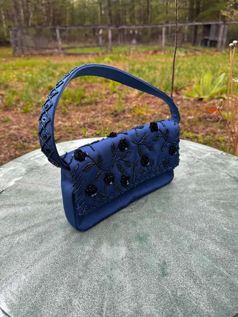 Franchi Navy Blue Beaded Floral Evening Shoulder Bag